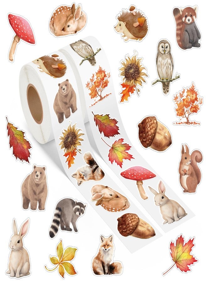A1diee Autumn Animal Sticker Roll - Watercolor Fall Forest Animal Teacher Reward Stickers Decals for Scrapbook Laptops Party Favor Windows Water Bottle Decoration,1000Pcs in 2Roll with 16 Patterns - Image 1